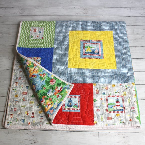 Vintage Handmade Patchwork Quilt Cotton Beach Ocean Seaside Theme - Picture 7 of 15